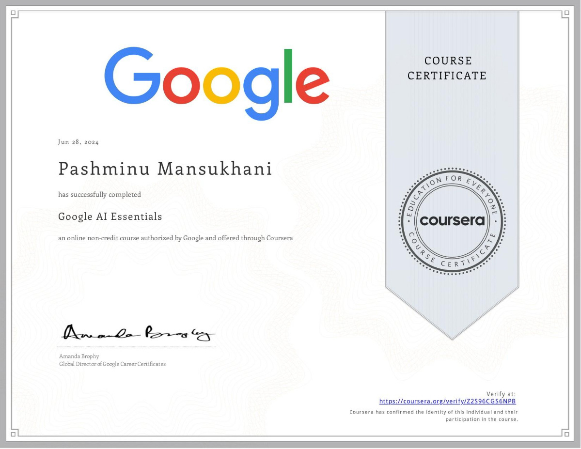 Google AI Essentials Course Certificate
