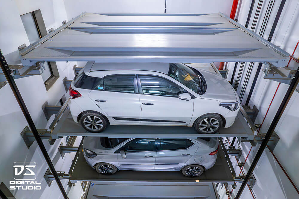 Aerial shot of tower car parking system