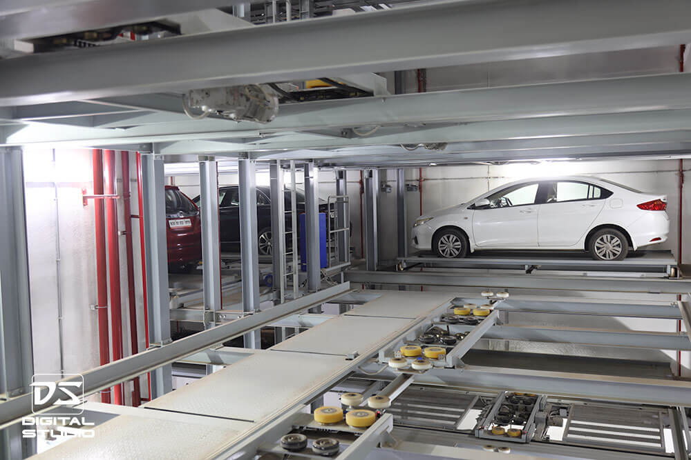 Ground level photo of parking system