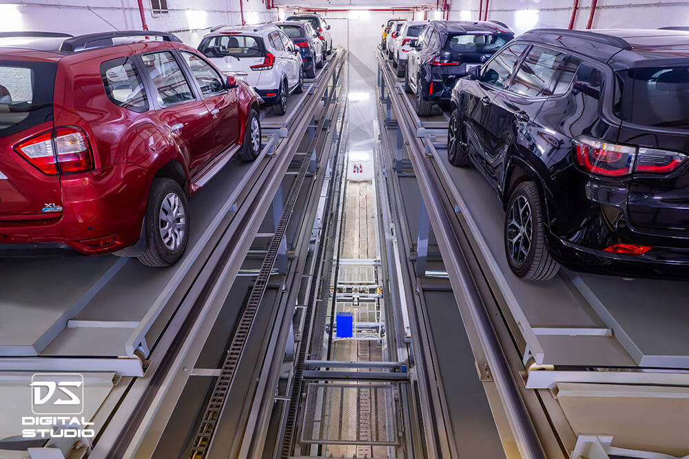 Wide angle shot of car and SUV parking system