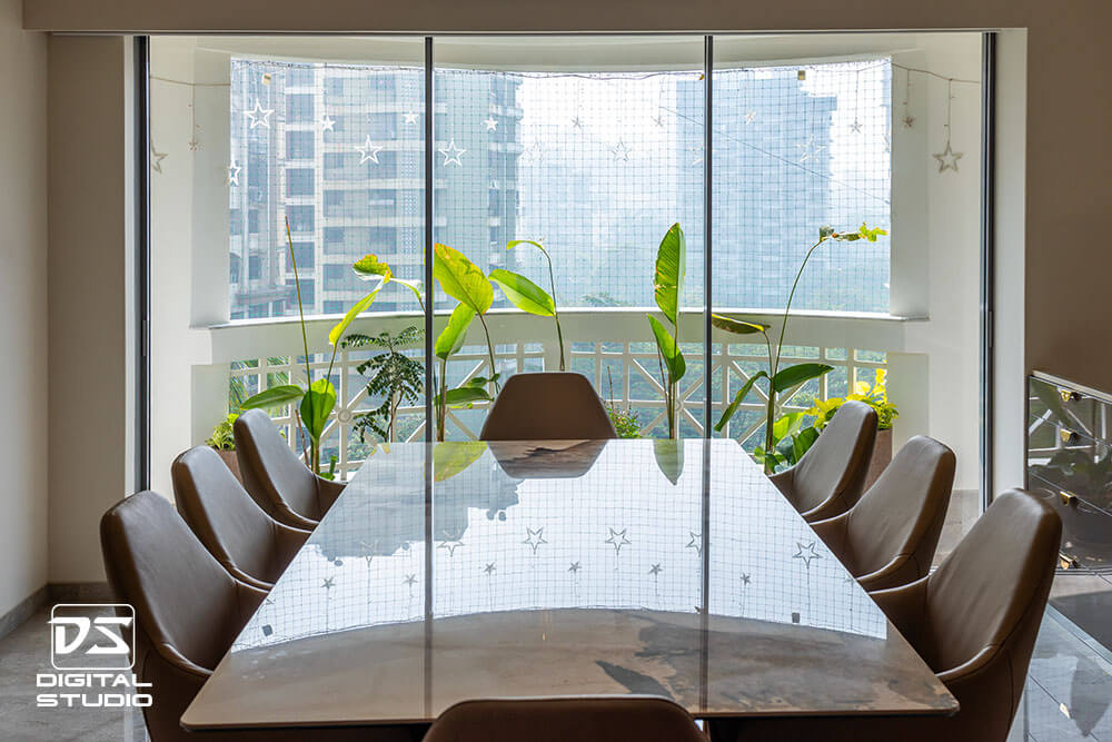 Dining room with French windows and large table