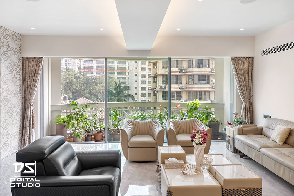 Luxury living room with large French windows